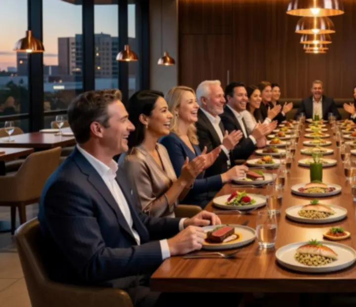 Corporate dinner event with guests seated at a long table at Turnand Truffle