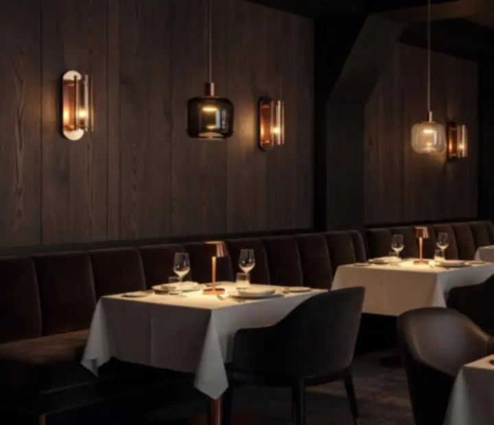 Cinematic dining room interior with smoked timber and copper accents