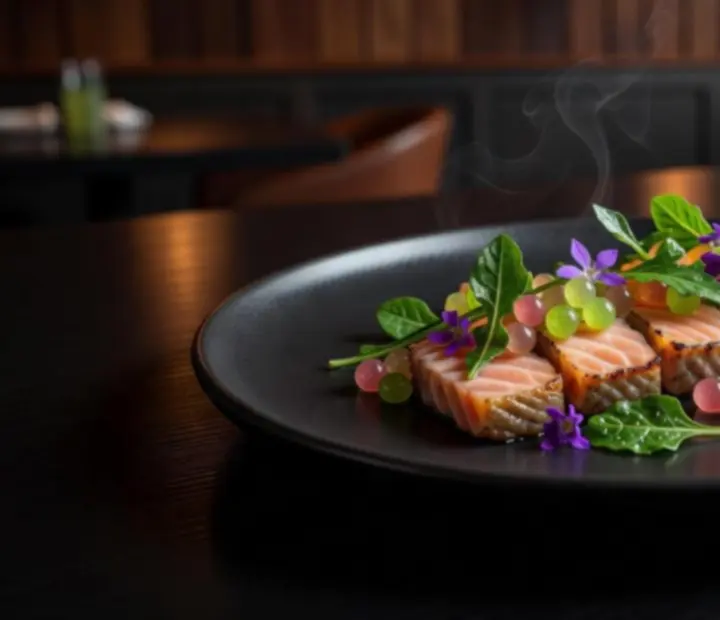 Plated modern Australian dish under warm restaurant lighting