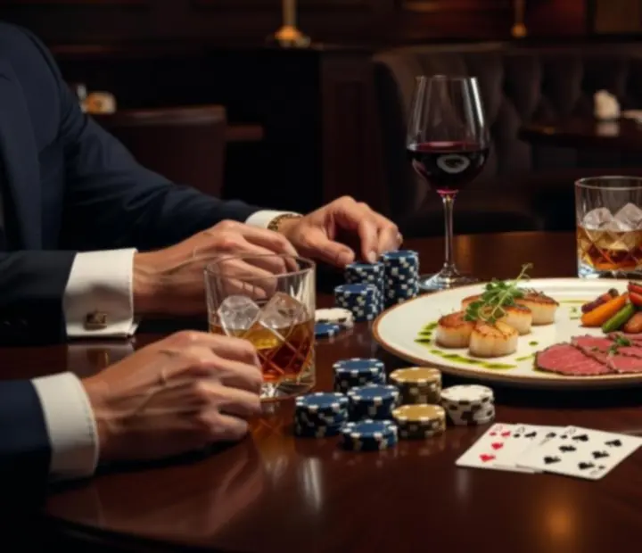 Hosted poker table set with cards, chips, and cocktails in a low-lit dining room.