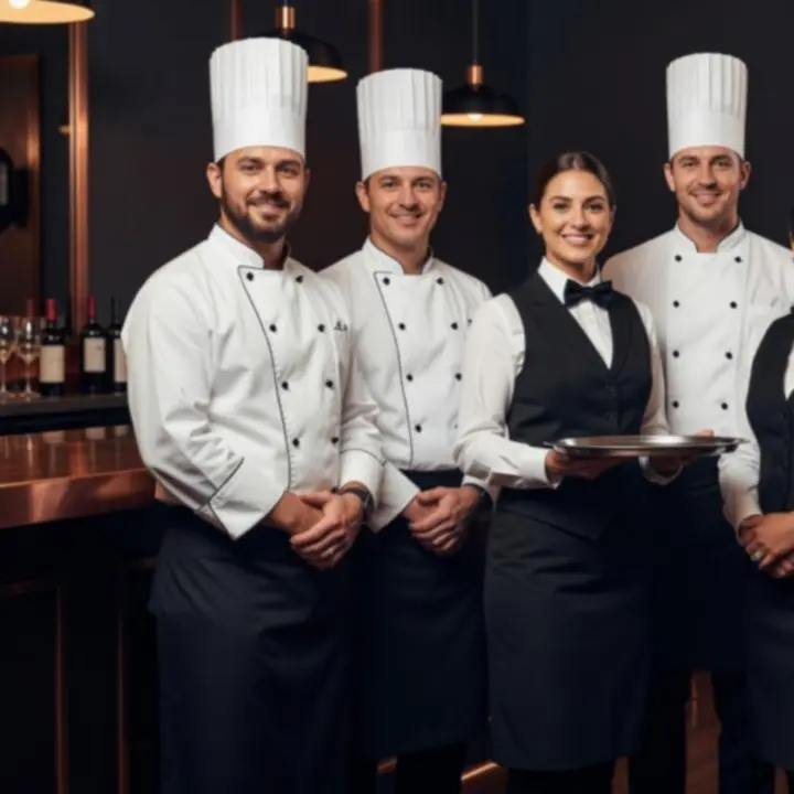 Hospitality team members standing together in a premium restaurant