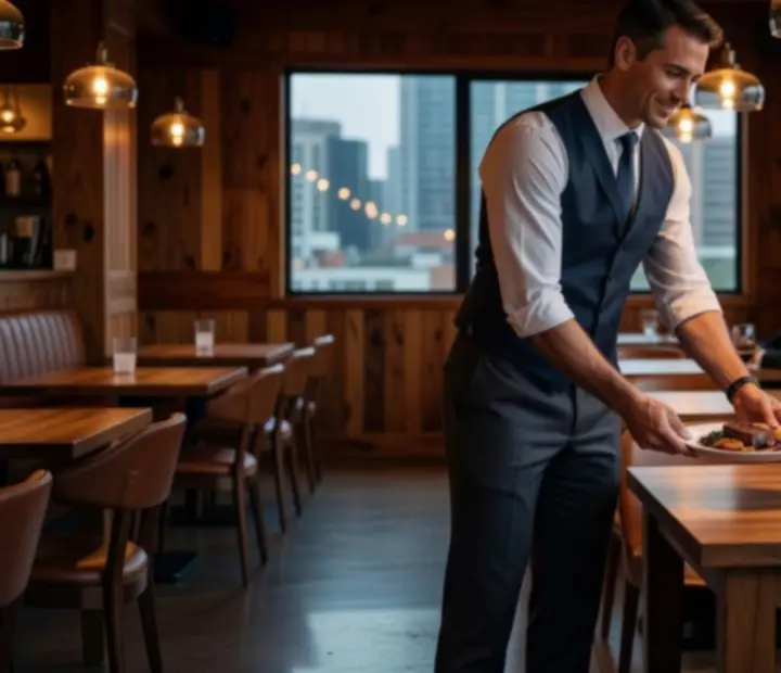 Service team in a smoked-timber dining room setting a table for evening service